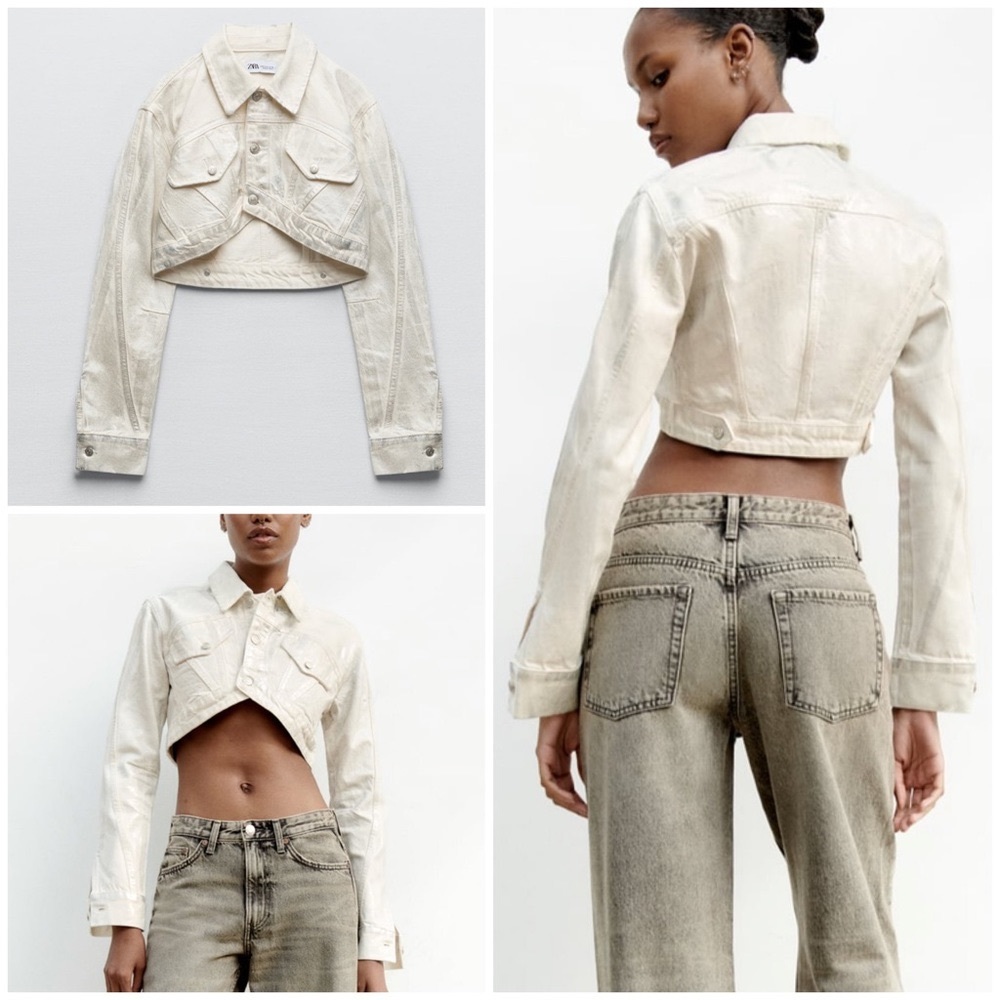 Zara metallic crop denim jacket , foil